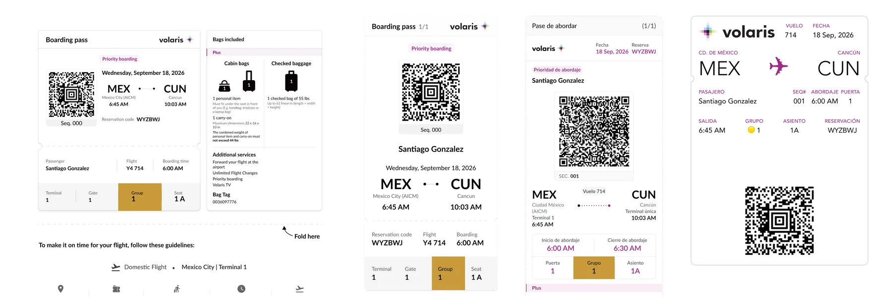 Boarding group 1 shown on the printed pass, both mobile layouts and the Wallet pass