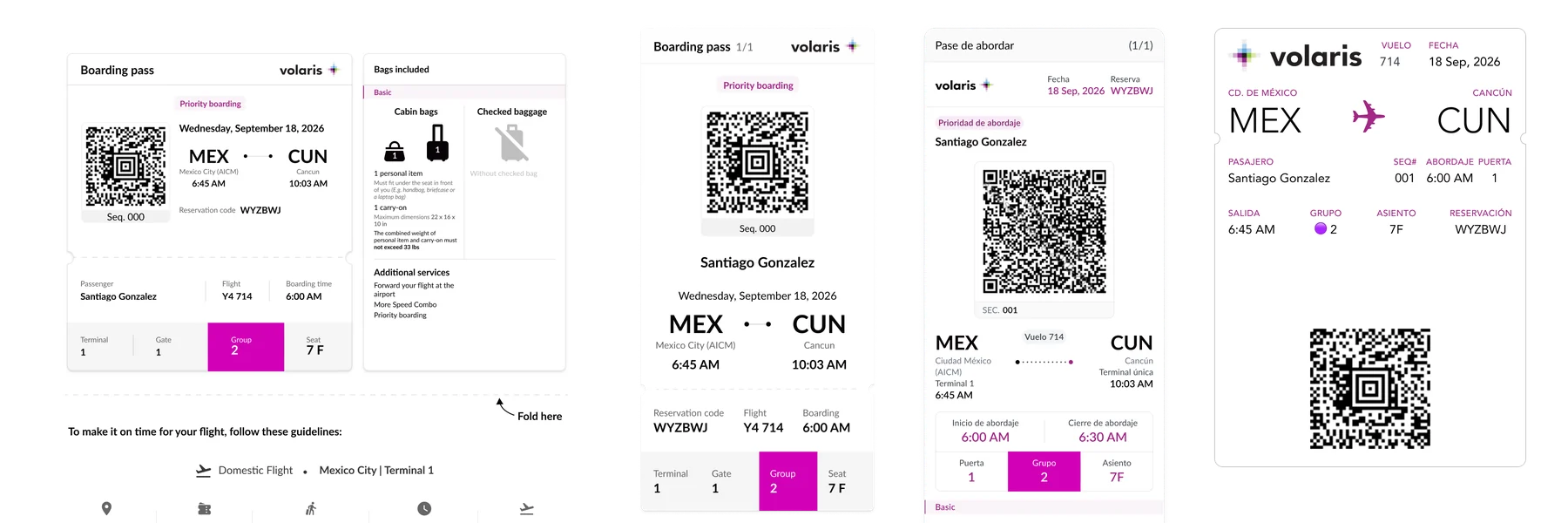 Boarding group 2 shown on the printed pass, both mobile layouts and the Wallet pass