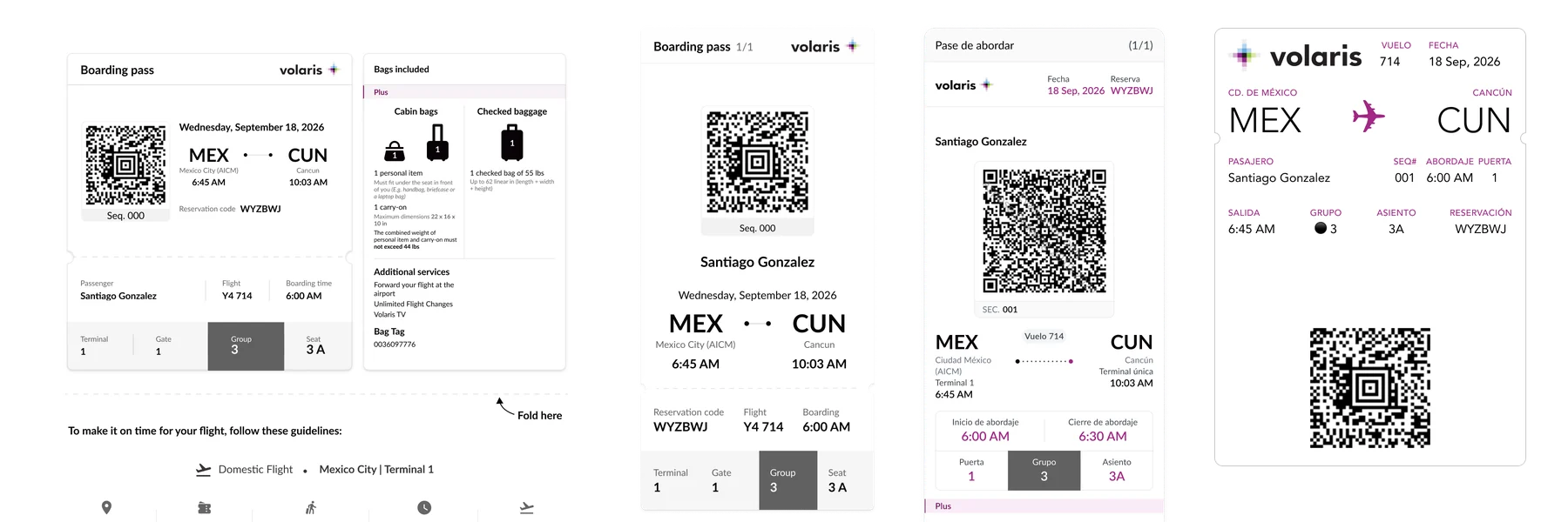 Boarding group 3 shown on the printed pass, both mobile layouts and the Wallet pass