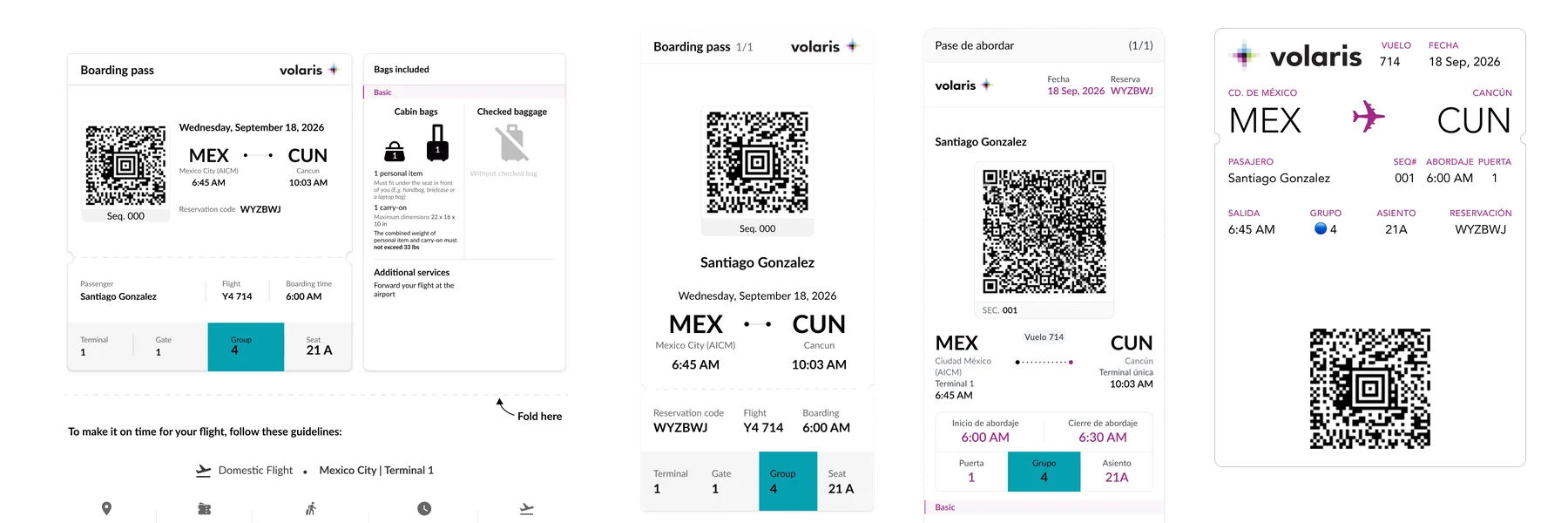 Boarding group 4 shown on the printed pass, both mobile layouts and the Wallet pass