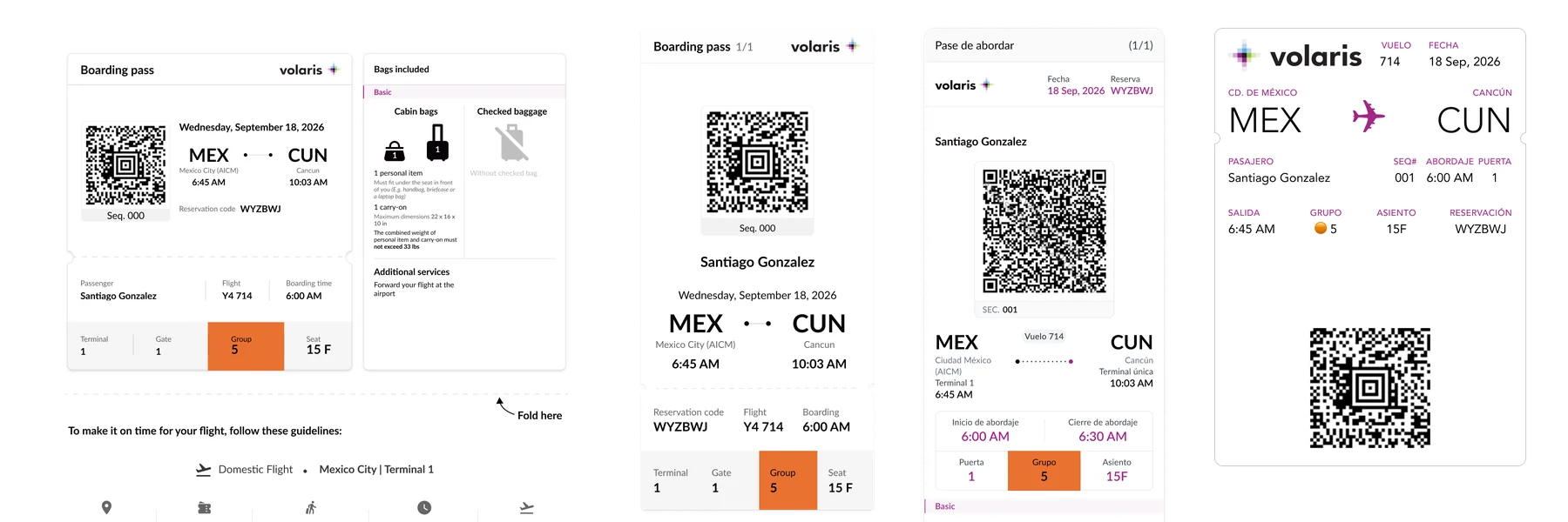 Boarding group 5 shown on the printed pass, both mobile layouts and the Wallet pass