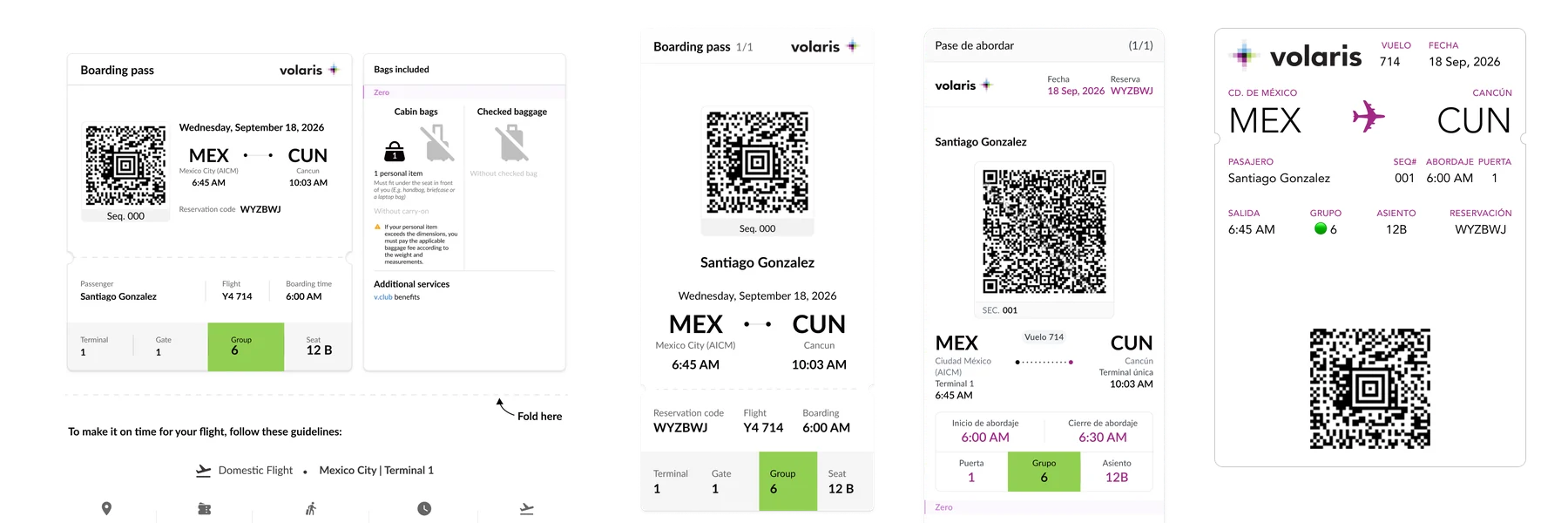 Boarding group 6 shown on the printed pass, both mobile layouts and the Wallet pass