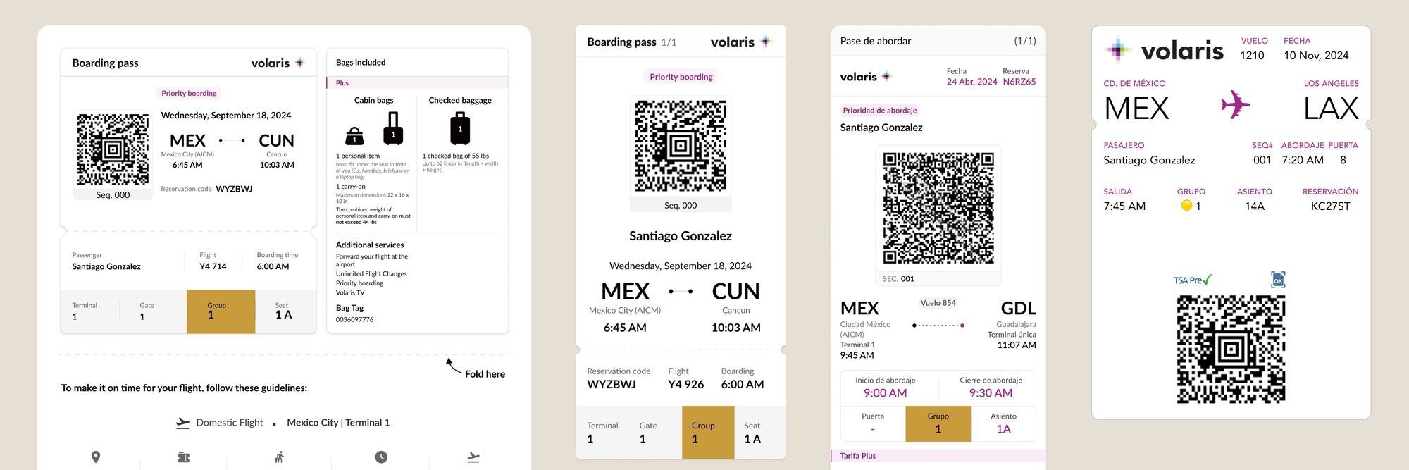 Volaris boarding passes across app, web, PDF and Wallet, each showing the colour-coded boarding group