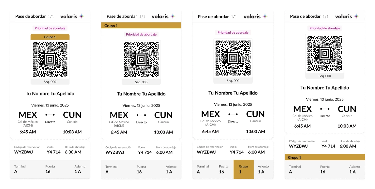 Four boarding pass layouts compared: QR strip, top strip, colour block and bottom strip
