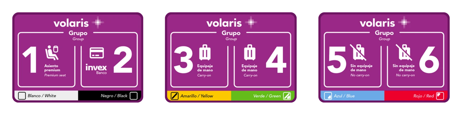Airport signage proposed by Marketing: groups 1 and 2 in white and black, 3 and 4 in yellow and green, 5 and 6 in blue and red