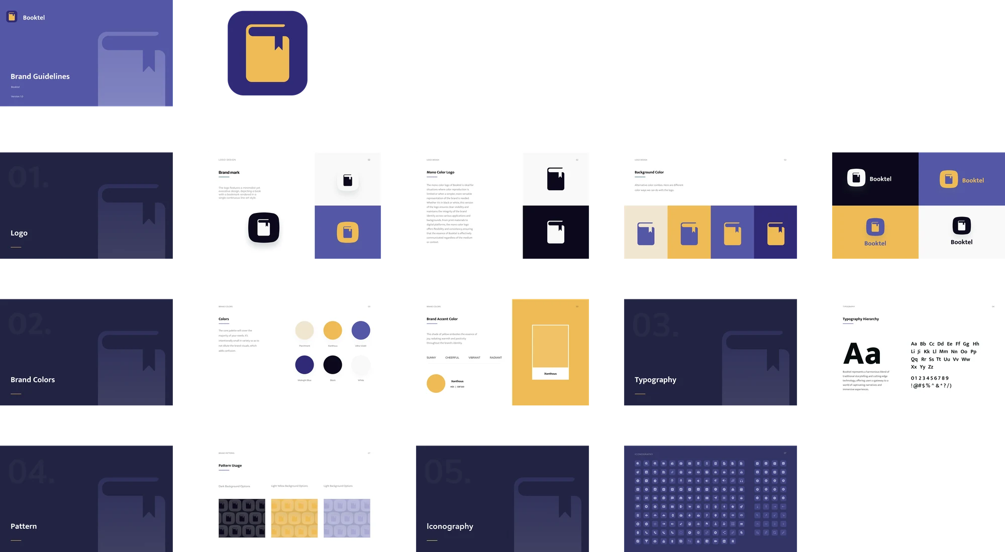 Booktel brand guidelines: logo and brand mark, mono and background variants, colour palette, typography, pattern usage and iconography