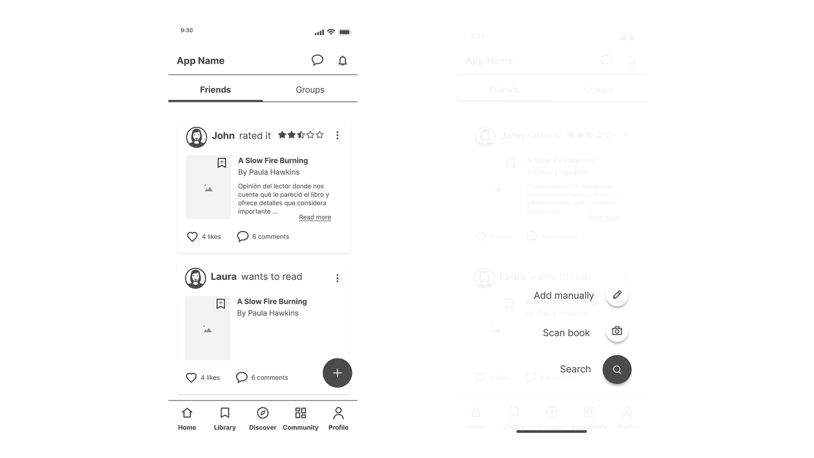 Booktel wireframes: the add-book action as a floating button within thumb reach