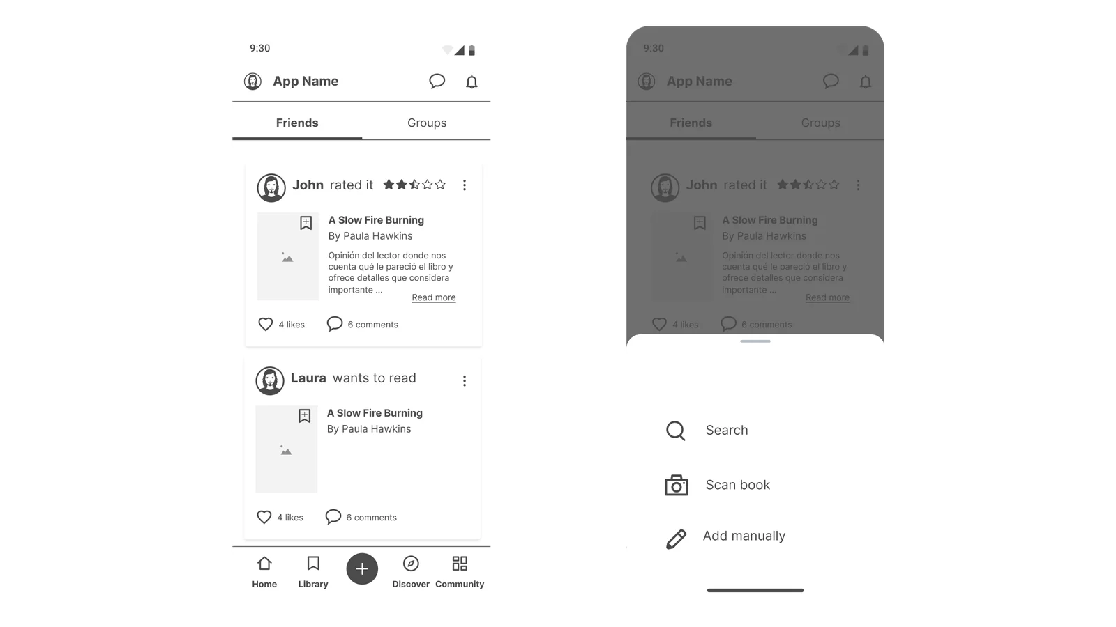 Booktel wireframes: the add-book action in the centre of the tab bar, opening a sheet