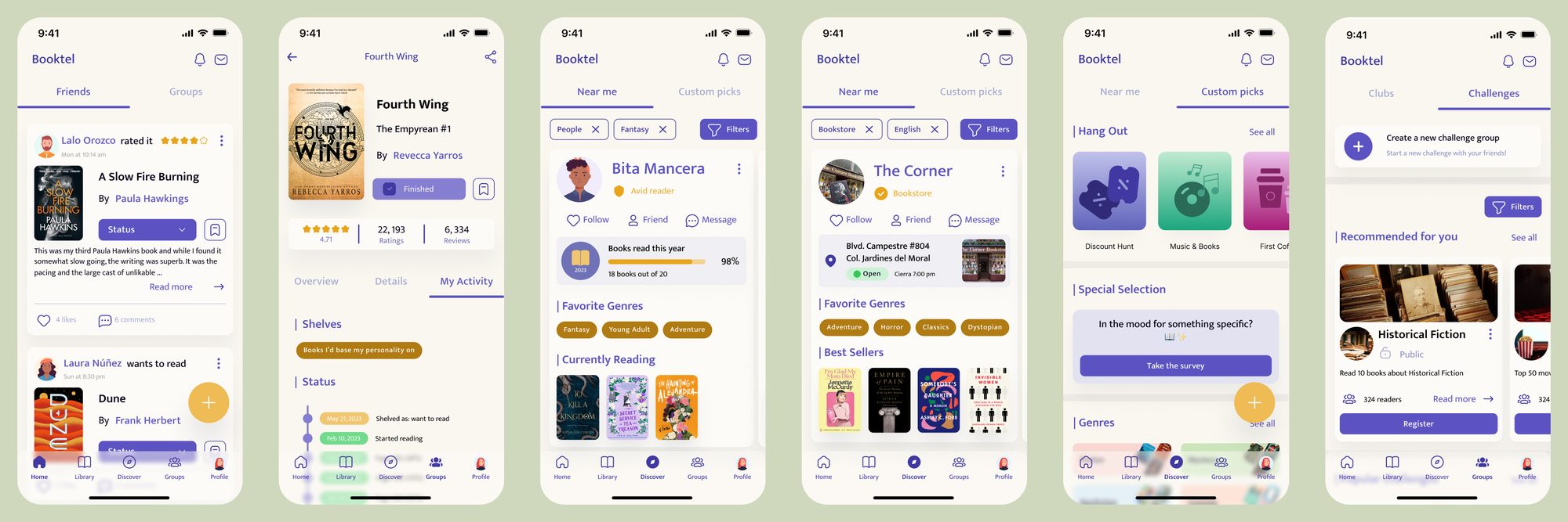 Six Booktel screens: feed, book detail, discovery, bookstore profile, custom picks and challenges
