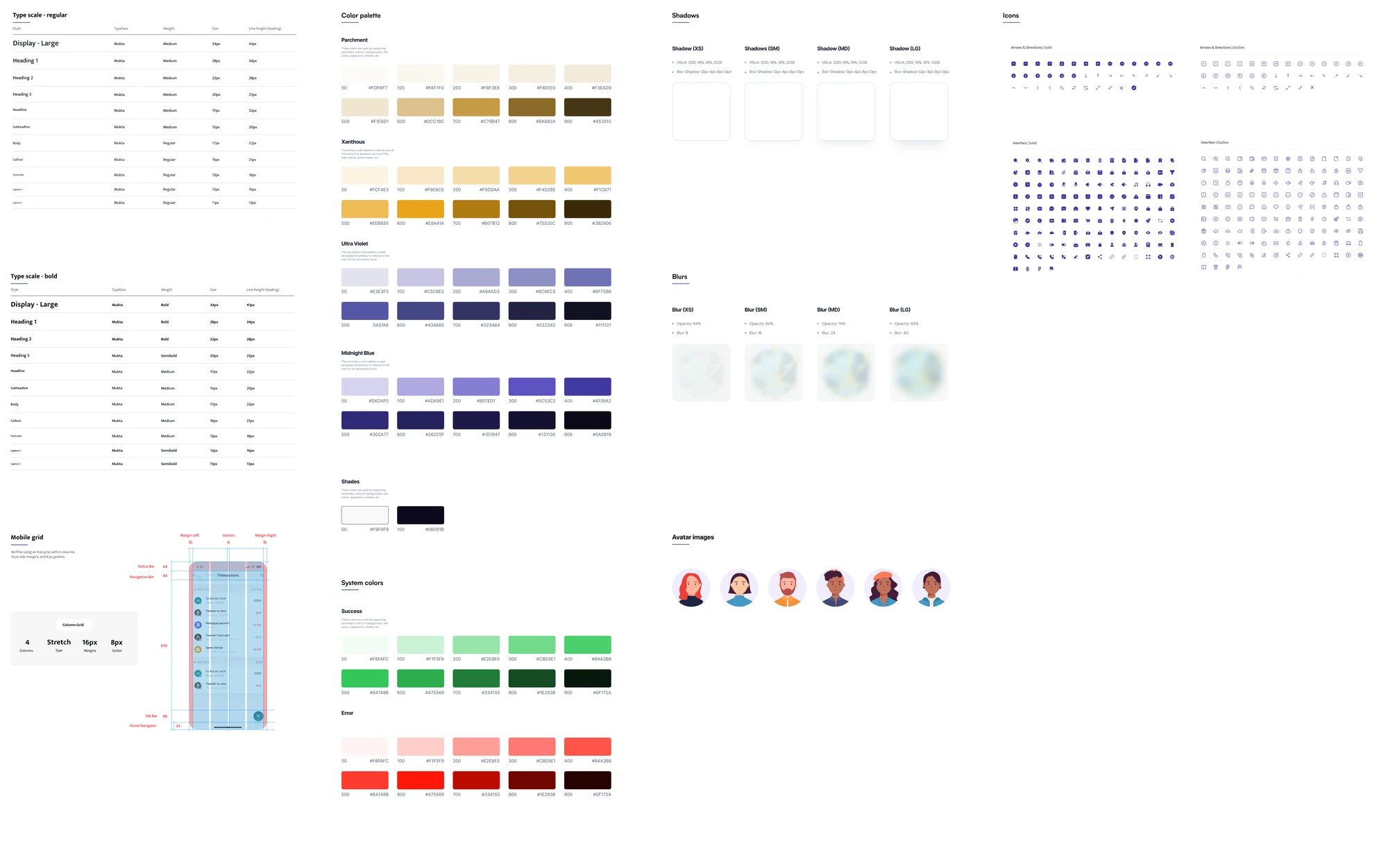 Booktel design system: regular and bold type scales, colour ramps from 50 to 900, shadows, blurs, solid and outline icon sets, a 4-column mobile grid and avatar images