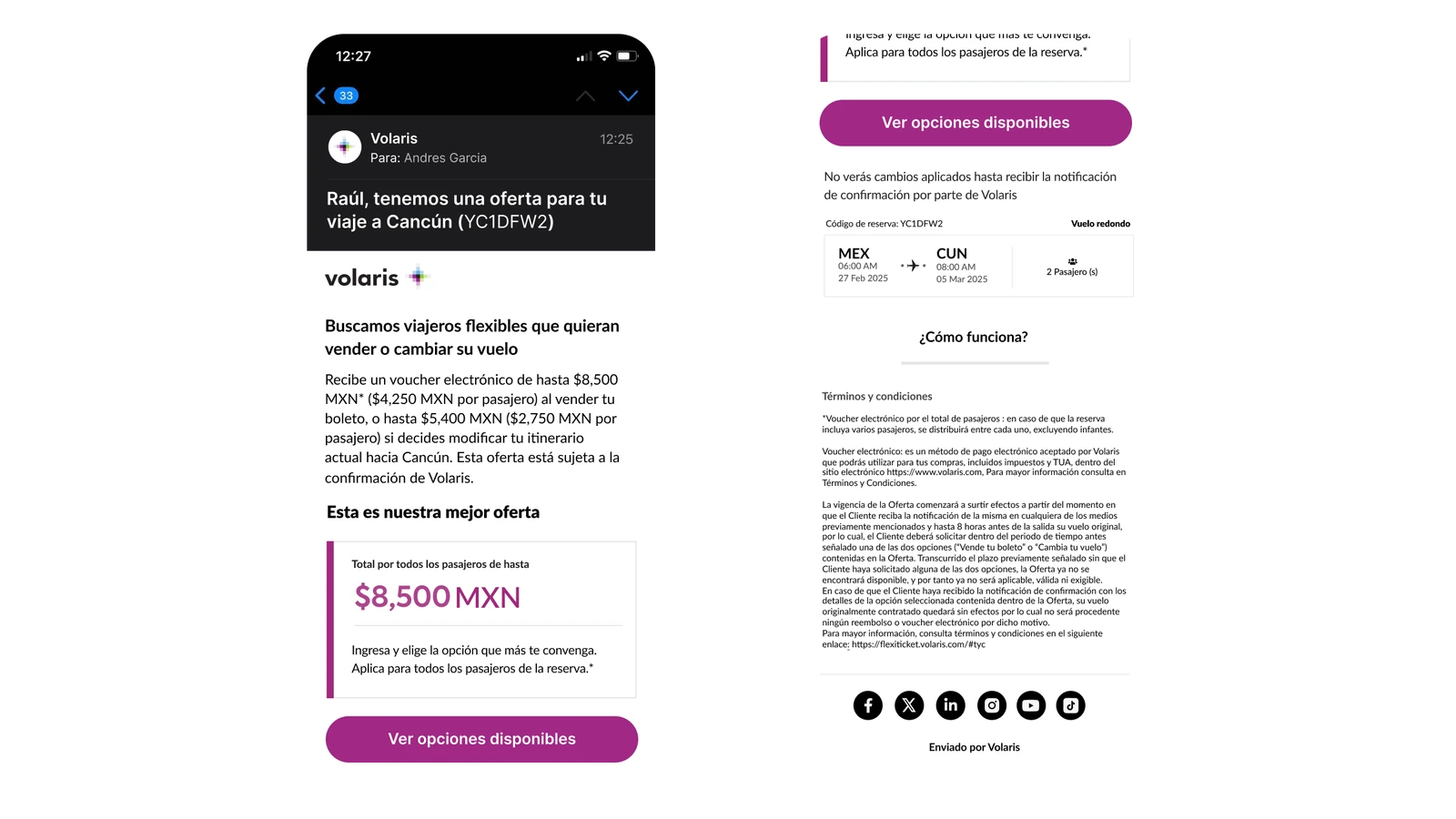 The offer email: a voucher of up to 8,500 MXN for selling the ticket or changing the flight, with the booking details and terms