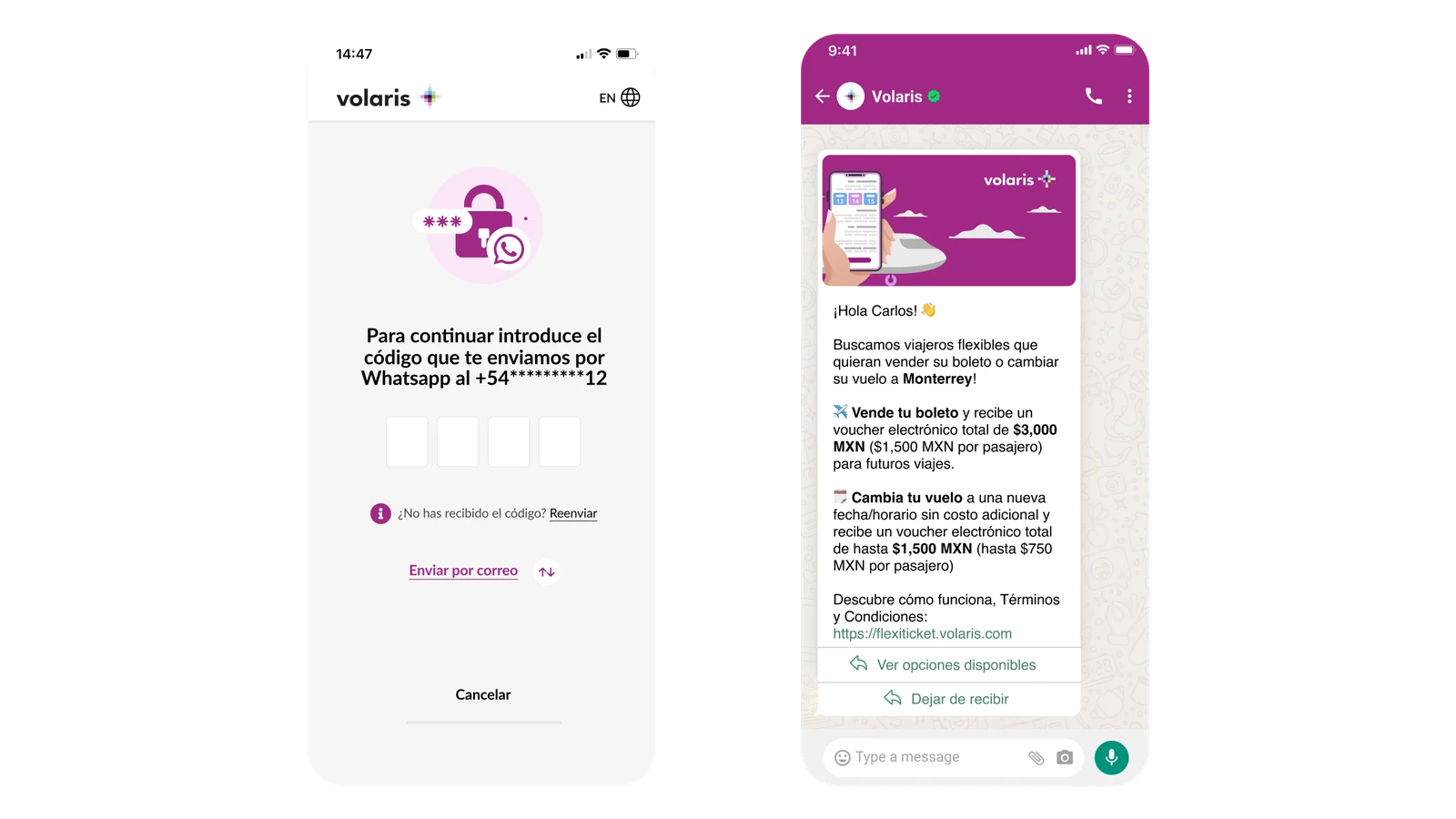 The new verification step: a four-digit code sent by WhatsApp, and the offer itself delivered as a WhatsApp message from the verified Volaris account