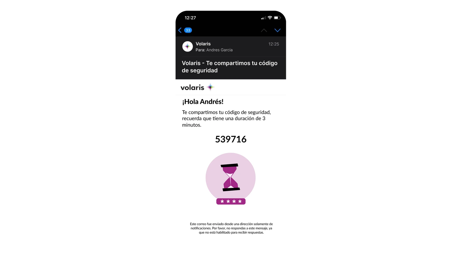 The old verification step: an email containing a six-digit security code valid for three minutes