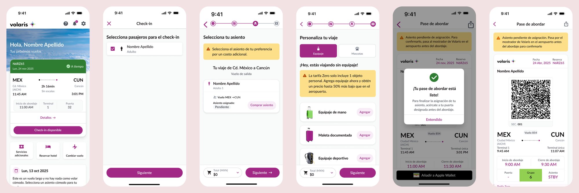 The Volaris check-in flow: trips, passenger selection, seat selection with a pending seat, add-ons, the confirmation modal and the boarding pass