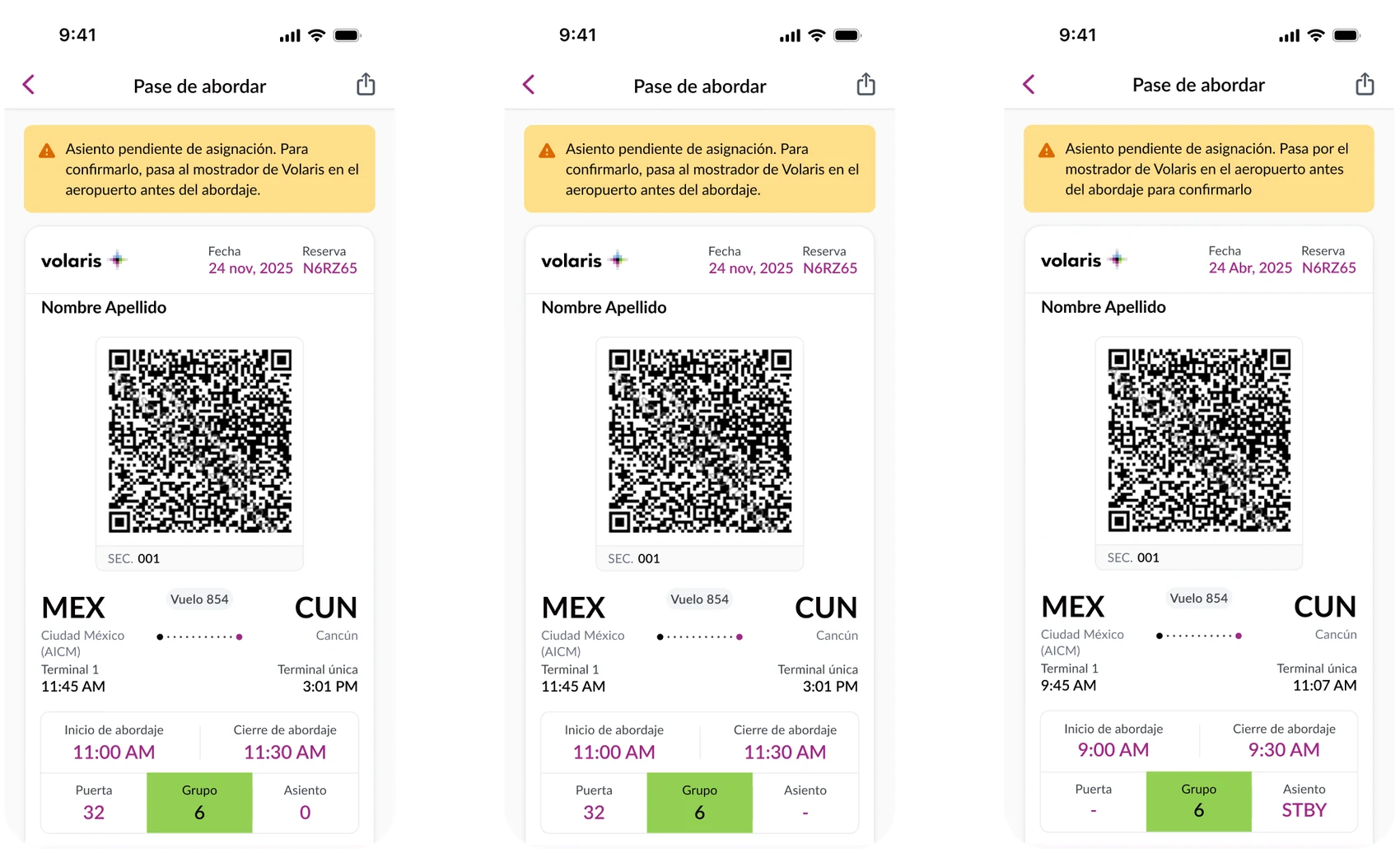 Three versions of the boarding pass seat field: Asiento 0 as tested, a dash discussed in the review, and STBY as shipped