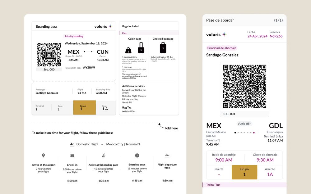 Volaris boarding passes with the colour-coded group