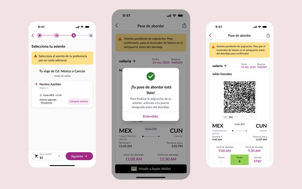 Volaris boarding pass with a pending seat